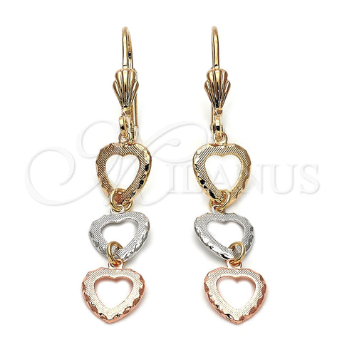 Arete Largo 5.090.014 Oro Laminado, Diseño de Corazón, Diamantado, Tres Tonos