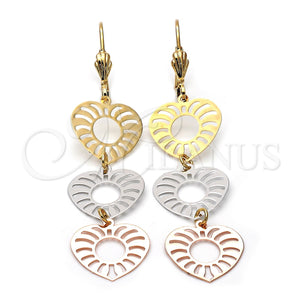 Arete Largo 5.113.014 Oro Laminado, Diseño de Corazón, Pulido, Tres Tonos