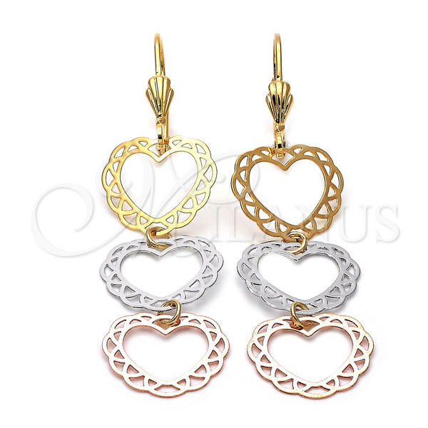 Arete Largo 5.095.008 Oro Laminado, Diseño de Corazón y File, Pulido, Tres Tonos