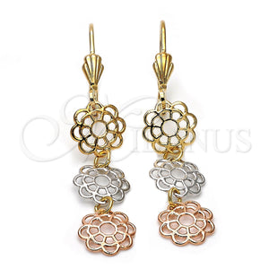 Arete Largo 5.105.001 Oro Laminado, Diseño de Flor, Pulido, Tres Tonos
