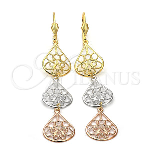 Arete Largo 5.077.009 Oro Laminado, Diseño de Gota, Diamantado, Tres Tonos