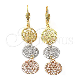 Arete Largo 5.104.002 Oro Laminado, Diseño de Flor, Diamantado, Tres Tonos