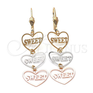 Arete Largo 5.113.016 Oro Laminado, Diseño de Corazón, Pulido, Tres Tonos