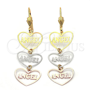 Arete Largo 5.113.017 Oro Laminado, Diseño de Corazón y Angel, Pulido, Tres Tonos