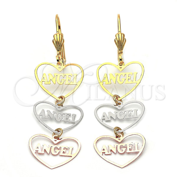 Arete Largo 5.113.017 Oro Laminado, Diseño de Corazón y Angel, Pulido, Tres Tonos