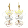 Arete Largo 5.113.017 Oro Laminado, Diseño de Corazón y Angel, Pulido, Tres Tonos