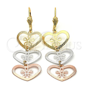 Arete Largo 5.117.017 Oro Laminado, Diseño de Corazón y Flor, Diamantado, Tres Tonos