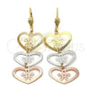 Arete Largo 5.117.017 Oro Laminado, Diseño de Corazón y Flor, Diamantado, Tres Tonos