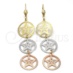 Arete Largo 5.115.013 Oro Laminado, Diseño de Estrella, Diamantado, Tres Tonos