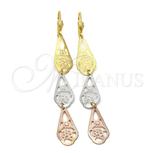 Arete Largo 5.082.004 Oro Laminado, Diseño de Flor, Diamantado, Tres Tonos