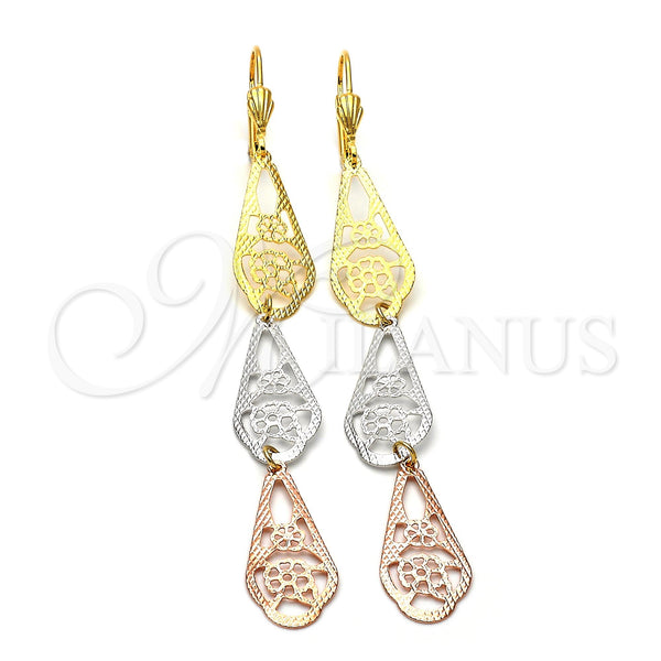 Arete Largo 5.082.004 Oro Laminado, Diseño de Flor, Diamantado, Tres Tonos