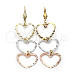 Arete Largo 5.118.015 Oro Laminado, Diseño de Corazón, Diamantado, Tres Tonos