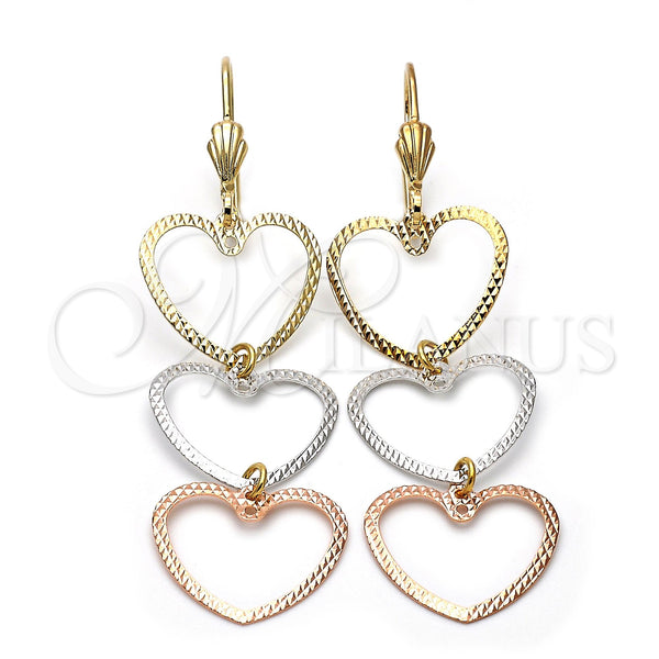 Arete Largo 5.118.015 Oro Laminado, Diseño de Corazón, Diamantado, Tres Tonos
