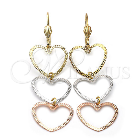 Arete Largo 5.118.015 Oro Laminado, Diseño de Corazón, Diamantado, Tres Tonos