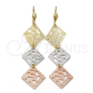 Arete Largo 5.095.015 Oro Laminado, Diseño de Flor, Diamantado, Tres Tonos
