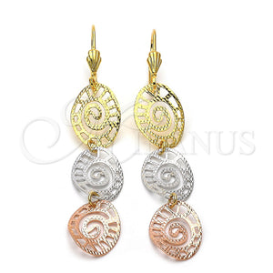Arete Largo 5.092.005 Oro Laminado, Diseño de Llave Griega, Diamantado, Tres Tonos