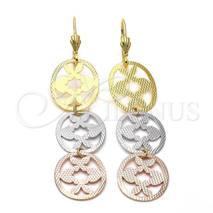 Arete Largo 5.115.015 Oro Laminado, Diseño de Corazón y Flor, Diamantado, Tres Tonos