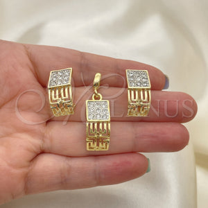Juego de Arete y Dije de Adulto 10.59.0067 Oro Laminado, Diseño de Llave Griega, con Blanca Cristal, Pulido, Dos Tonos