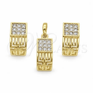 Juego de Arete y Dije de Adulto 10.59.0067 Oro Laminado, Diseño de Llave Griega, con Blanca Cristal, Pulido, Dos Tonos