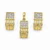 Juego de Arete y Dije de Adulto 10.59.0067 Oro Laminado, Diseño de Llave Griega, con Blanca Cristal, Pulido, Dos Tonos