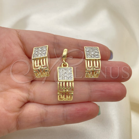 Juego de Arete y Dije de Adulto 10.59.0067 Oro Laminado, Diseño de Llave Griega, con Blanca Cristal, Pulido, Dos Tonos