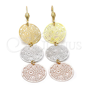 Arete Largo 5.082.013 Oro Laminado, Diseño de Flor, Diamantado, Tres Tonos
