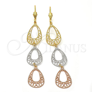 Arete Largo 5.065.001 Oro Laminado, Diseño de Gota y Corazón, Mate, Tres Tonos