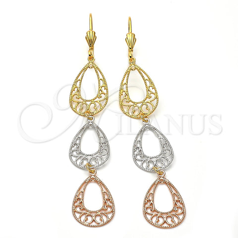 Arete Largo 5.065.001 Oro Laminado, Diseño de Gota y Corazón, Mate, Tres Tonos