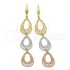 Arete Largo 5.065.001 Oro Laminado, Diseño de Gota y Corazón, Mate, Tres Tonos