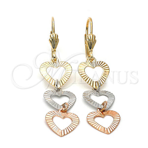 Arete Largo 5.068.013 Oro Laminado, Diseño de Corazón, Diamantado, Tres Tonos