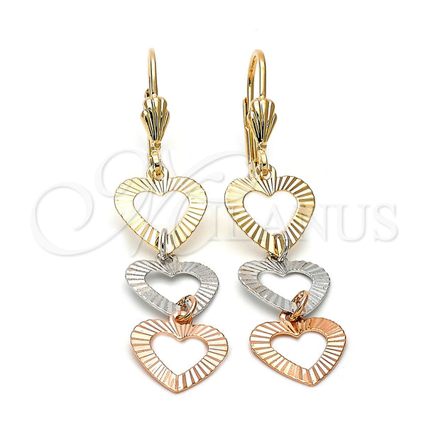 Arete Largo 5.068.013 Oro Laminado, Diseño de Corazón, Diamantado, Tres Tonos