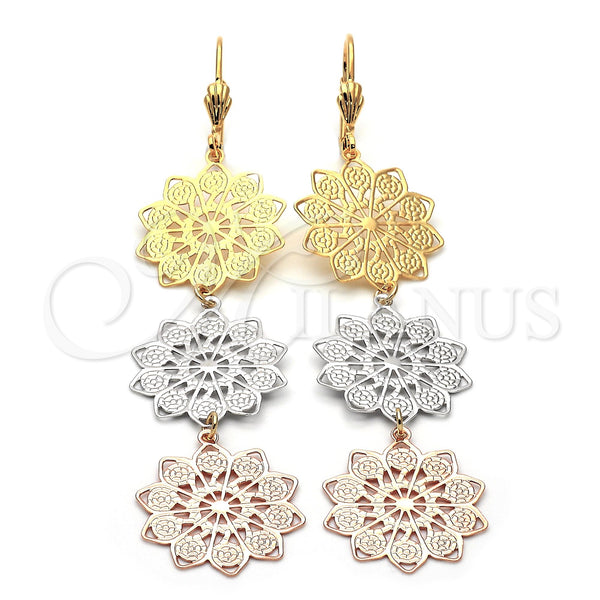 Arete Largo 5.106.003 Oro Laminado, Diseño de Flor, Diamantado, Tres Tonos