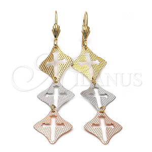 Arete Largo 5.066.009 Oro Laminado, Diseño de Cruz, Diamantado, Tres Tonos