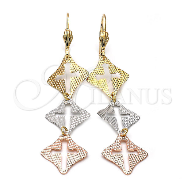 Arete Largo 5.066.009 Oro Laminado, Diseño de Cruz, Diamantado, Tres Tonos