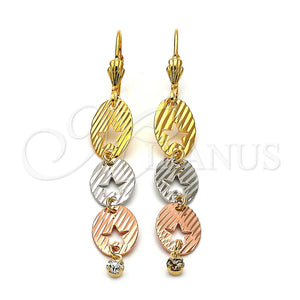 Arete Largo 5.091.001 Oro Laminado, Diseño de Estrella, con Blanca Zirconia Cubica, Diamantado, Tres Tonos