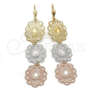 Arete Largo 5.087.005 Oro Laminado, Diseño de Flor y File, Diamantado, Tres Tonos
