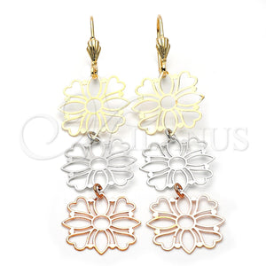Arete Largo 5.085.004 Oro Laminado, Diseño de Flor y Corazón, Pulido, Tres Tonos