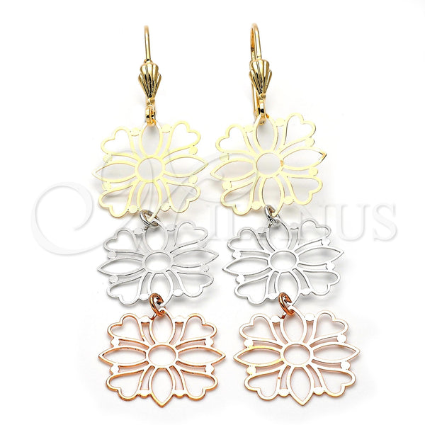 Arete Largo 5.085.004 Oro Laminado, Diseño de Flor y Corazón, Pulido, Tres Tonos