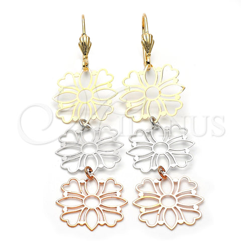Arete Largo 5.085.004 Oro Laminado, Diseño de Flor y Corazón, Pulido, Tres Tonos