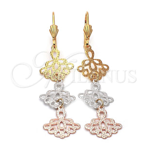 Arete Largo 5.084.001 Oro Laminado, Diseño de Flor, Diamantado, Tres Tonos