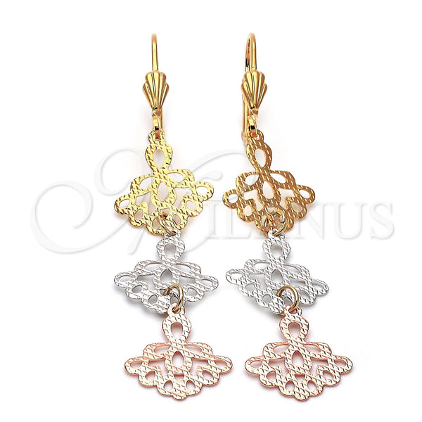 Arete Largo 5.084.001 Oro Laminado, Diseño de Flor, Diamantado, Tres Tonos