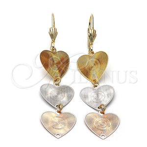 Arete Largo 5.117.016 Oro Laminado, Diseño de Corazón, Diamantado, Tres Tonos