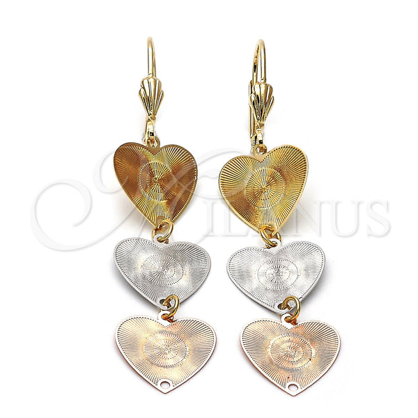 Arete Largo 5.117.016 Oro Laminado, Diseño de Corazón, Diamantado, Tres Tonos