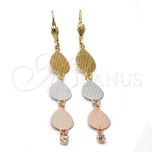 Arete Largo 5.074.001 Oro Laminado, Diseño de Gota, con Blanca Zirconia Cubica, Diamantado, Tres Tonos