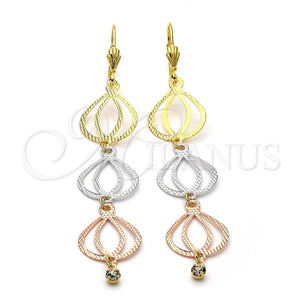 Arete Largo 5.085.006 Oro Laminado, Diseño de Gota, con Blanca Zirconia Cubica, Diamantado, Tres Tonos