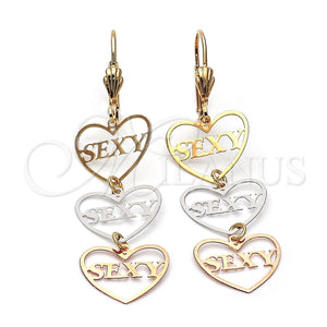 Arete Largo 5.113.015 Oro Laminado, Diseño de Corazón, Pulido, Tres Tonos