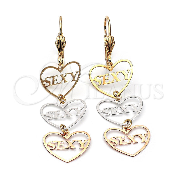 Arete Largo 5.113.015 Oro Laminado, Diseño de Corazón, Pulido, Tres Tonos