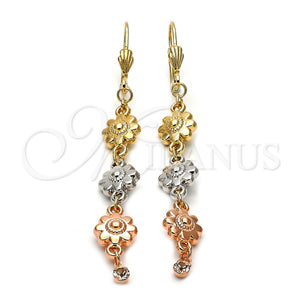 Arete Largo 5.065.012 Oro Laminado, Diseño de Flor, con Blanca Zirconia Cubica, Diamantado, Tres Tonos