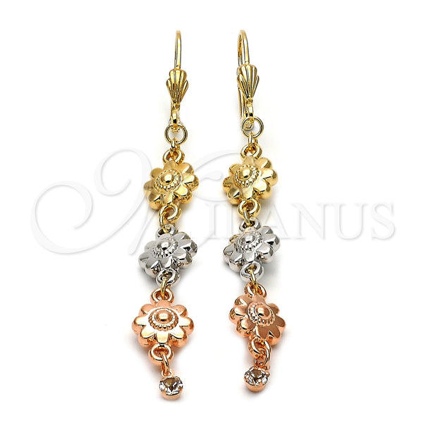 Arete Largo 5.065.012 Oro Laminado, Diseño de Flor, con Blanca Zirconia Cubica, Diamantado, Tres Tonos