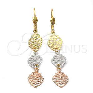 Arete Largo 5.077.012 Oro Laminado, Diseño de Fresa, Diamantado, Tres Tonos